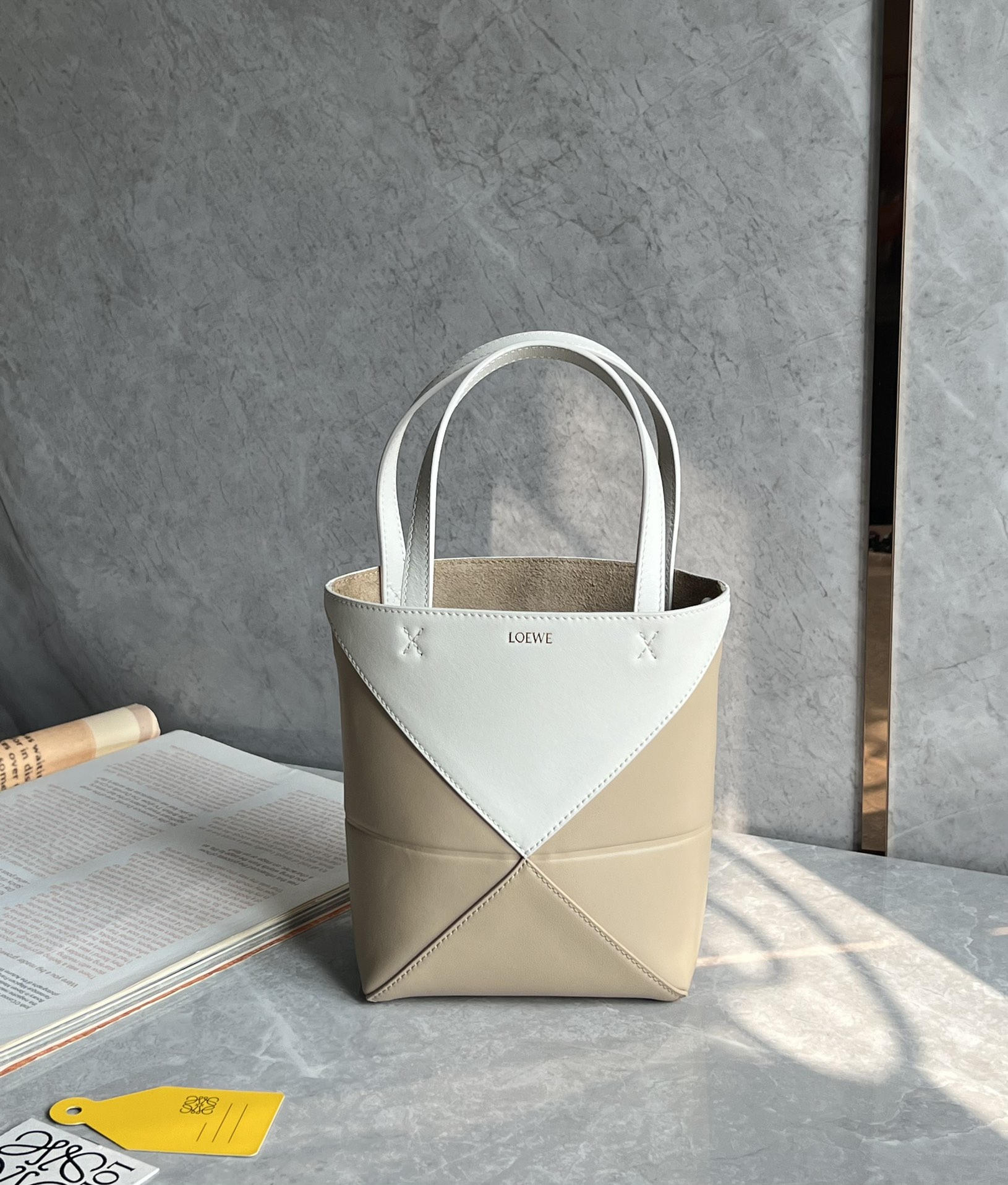 Loewe Mini Puzzle Fold Tote in Shiny Calfskin White/Beige